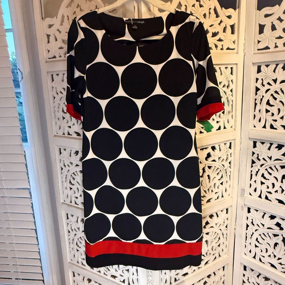 Madison leigh Black and White Polk a Dot Dress with Red Trim size 12